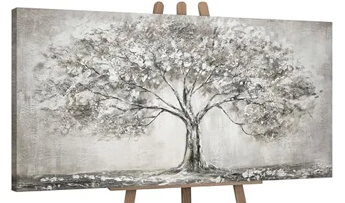 YS-Art Acryl Gemälde auf Leinwand handgemalt Lebensbaum Abstrakte Kunst Bilder Wohnzimmer Wandbilder modern mit grau Farben Grauen Farben 160x80 cm