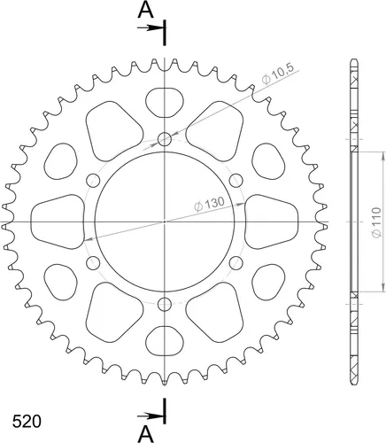 Alu-Kettenrad Supersprox 520 - 49Z (rot) RAL-486:49-RED|ID 110,0 LK 130,0 6-Loch