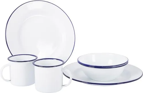 Bo-Camp Emaille Geschirr-Set 6-teilig in Weiß/Blau - Robustes 6-teiliges Geschirrset mit blauem Rand, ideal für Camping und Outdoor-Aktivitäten. Das emaillierte Material sorgt für Langlebigkeit und einfache Reinigung.
