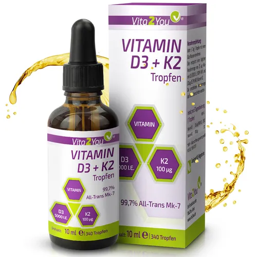Vita2You Vitamin D3 + K2 Tropfen 5000IE - Nahrungsergänzungsmittel mit 5000IE Vitamin D3 und 100μg Vitamin K2, unterstützt das Immunsystem und fördert die Knochengesundheit, rezeptfrei erhältlich.