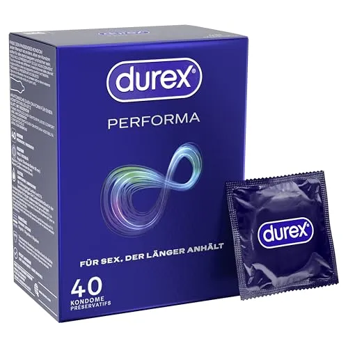 Durex Performa Kondome – Aktverlängernde Kondome mit 5% benzocainhaltigem Gel & mit Easy-On-Form – 40 Kondome (1er Pack)