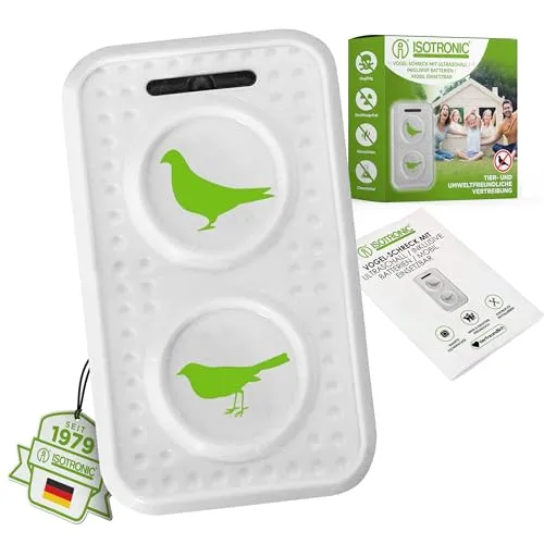 ISOTRONIC mobiler Tauben Vogelschreck mit Ultraschall - Haustierabwehr & Wildtierabwehr - Effektiver Ultraschall-Vogelschreck mit hoher Reichweite und Wechsel-Frequenz zur Vermeidung des Gewöhnungseffekts, ideal für Garten und Scheune.