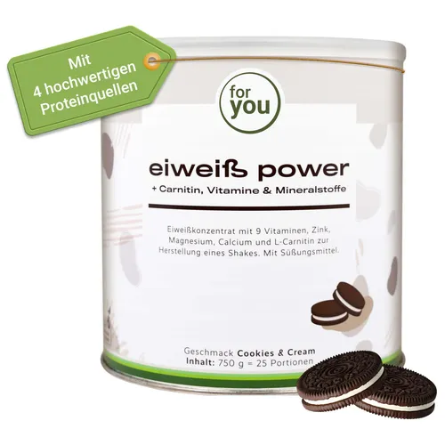For You Eiweiß Power Cookies & Cream Pulver - Hochwertiges Eiweißpulver mit 80 % Proteinanteil, laktosearm und ideal zum Abnehmen. Enthält wichtige Vitamine und Mineralien für einen starken Stoffwechsel.