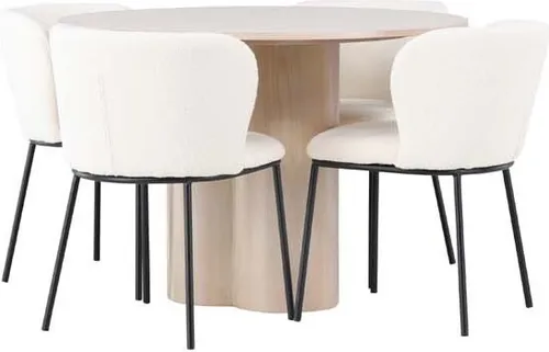 Olivia Essgruppe Tisch whitewash mit 4 Edina Stühlen - Das stilvolle Esstischset „Olivia“ in weiß getüncht bietet mit seinem eleganten Design und den 4 passenden Edina-Stühlen Komfort für Ihr Zuhause. Ideal für gesellige Abende oder den täglichen Gebrauch.