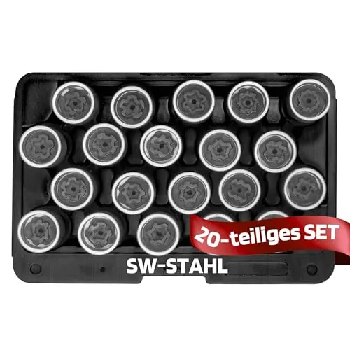 SW-Stahl Felgenschloss Demontagesatz, VW, 20-teilig 02383L - Ratschen / Knarren: 20-teiliges Set für sicheres und schnelles Lösen von Felgenschlössern, ideal für VW-Fahrzeuge ab Baujahr 2012. Aus robustem Chrom-Vanadium-Stahl für langlebige Nutzung.