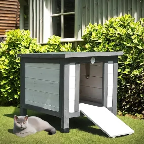 Mucola Tierhaus Katzenhaus Weiß/Grau - Hochwertiges Outdoor Katzenhaus aus Holz mit verschließbarer Türklappe und Rampe - ideal für komfortable Rückzugsorte im Garten oder auf der Terrasse.