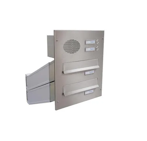 Edelstahl Mauerdurchwurf Briefkastenanlage D-042 mit Sprechsieb - Robuste 2er Briefkastenanlage aus Edelstahl, ideal für Mauern von 33-50 cm. Mit integriertem Entnahmeschutz und bequemer Postentnahme von innen. Perfekt für Einfamilienhäuser.