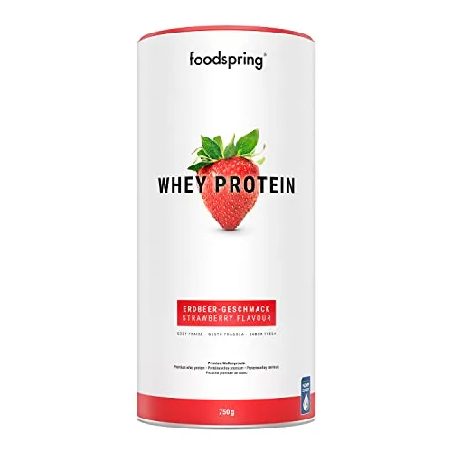foodspring - Whey Protein Pulver Erdbeere – Mit 23g Eiweiß zum Muskelaufbau, perfekte Löslichkeit, ultrafiltriert, reich an BCAAs & EAAs – vollmundiger & leckerer Geschmack (750g)
