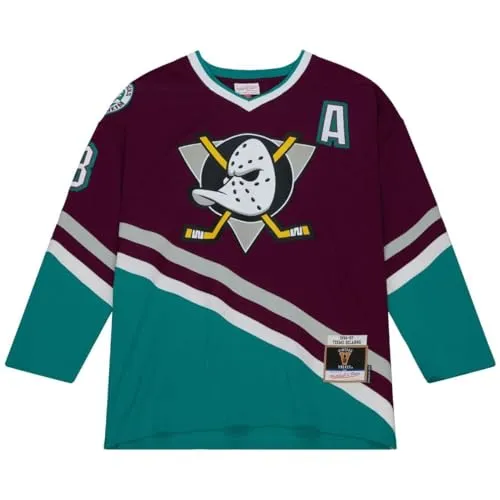 Mitchell & Ness M&N Blue Line Teemu Selanne Anaheim Ducks 1996 Jersey - M - Funktionsjacke für NHL-Fans, im Retro-Stil mit V-Ausschnitt für optimalen Tragekomfort und nostalgischen Charme.