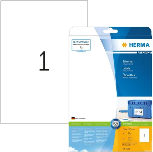 HERMA Premium Etiketten A4 210x297mm, 25 Stück - Selbstklebende Etiketten für Laser- und Inkjetdrucker. Hoher Weißgrad und extra starke Haftung, ideal für alle Oberflächen. Nachhaltig produziert und 100 % recyclingfähig.