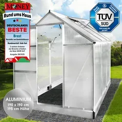 Aluminium-Gewächshaus 190x190x195 cm - TÜV-geprüft - Stabiles Gewächshaus mit extra starkem Alu-Profil und großer Durchgangshöhe für komfortables Arbeiten. Ideal für Gartenliebhaber, die Wert auf Qualität und Langlebigkeit legen.
