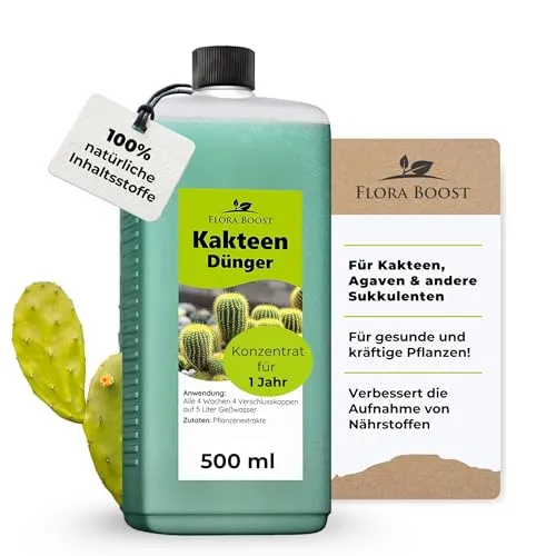 Konfitee Kakteen Dünger Flora Boost 500ml I Für bis zu 100L Gießwasser I Für Kakteen & andere Sukkulenten Pflanzen I Flüssiger Blatt- & Wurzeldünger I 100% natürlicher Pflanzendünger