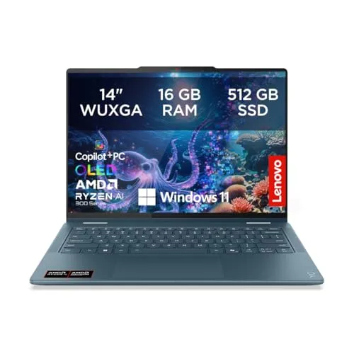 Lenovo Yoga 7 2in1 Laptop – 14" WUXGA OLED, AMD Ryzen AI 7, 16GB RAM, 512GB SSD, Tidal Teal - Der Lenovo Yoga 7 2-in-1 Laptop vereint Leistung und elegantes Design. Mit einem drehbaren 14-Zoll-OLED-Display ist er ideal für kreative Projekte und Unterhaltung. Inklusive 3 Monate Premium Care und passender Hülle.