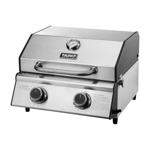 TAINO PLATINUM COMPACT Tischgrill - Kompakter Edelstahl Tischgrill mit 2 Brennern, ideal für Camping und BBQ. Mit Doppelwanddeckel und Temperaturanzeige für perfektes Grillen.