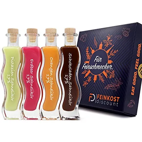 Geschenkset BOX | 4 x 100ml | Schokoladen Sahnelikör 17% vol. - Orangen Sahnelikör 17% vol. - Erdbeer Sahnelikör 17% vol. - Pistazien Sahnelikör 17% vol.