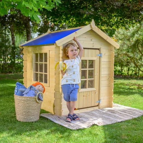 Timbela M570M-1 Kinderspielhaus aus Holz - 111x113xH121 cm, ideales Gartenspielhaus für Kinder mit blauem Dach und einfacher Montage
