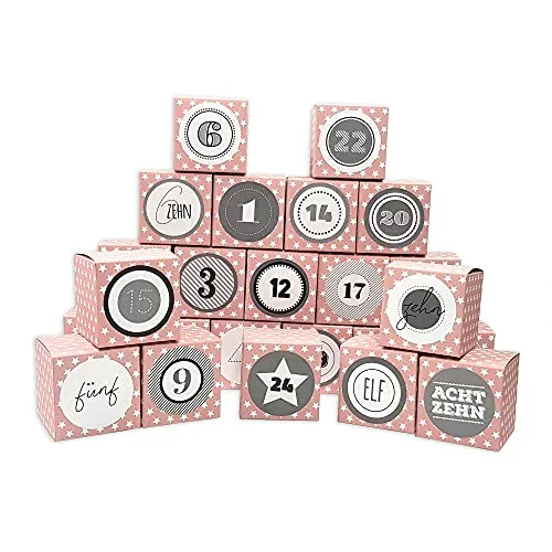 Frau WUNDERVoll® DIY Adventskalender Vorfreude zum Befüllen, 24 Faltschachteln rosa weiße Sterne 7x7x7cm (gefaltet), XL Ziffern grau/Weihnachten, Aufkleber, Würfelbox, Faltverpackung, Schachteln