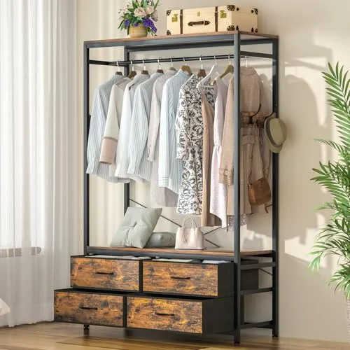 Yorbay Schwerlast Kleiderständer mit Schubladen und Haken - Robuster Kleiderständer mit 4 Schubladen und 4 verstellbaren Haken. Ideal zur Aufbewahrung von Kleidung und Accessoires in Schlafzimmer und Wohnzimmer. Schnell in 10 Minuten montiert und bietet viel Stauraum.