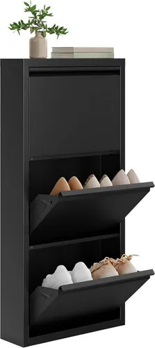 Woltu Schuhschrank mit 3 Klappen für 9 Paar Schuhe – modernes Schuhregal in Schwarz - Praktischer Schuhschrank mit 3 Klappen für bis zu 18 Paar Schuhe. Robuste Metallkonstruktion, einfach montierbar und ideal für eine platzsparende Aufbewahrung.