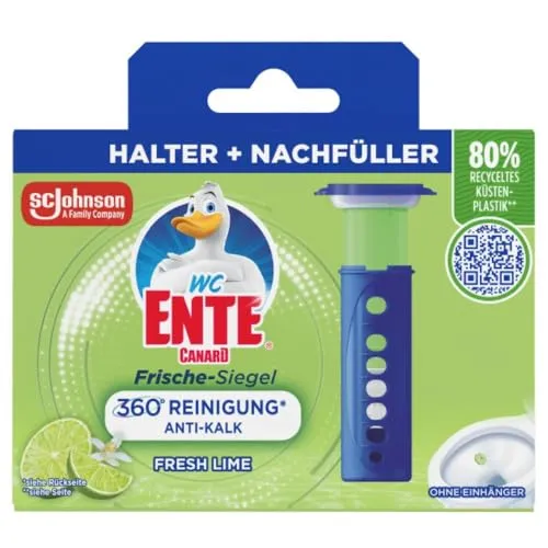 WC-Ente Frische-Siegel Starter-Set mit Limone Duft - Das WC-Ente Frische-Siegel Starter-Set sorgt mit 6 Gel-Stempeln und einem praktischen Spendergriff für langanhaltende Frische und Sauberkeit im WC. Mit jedem Spender bis zu 8 Wochen hygienische Reinigung ohne Rückstände.
