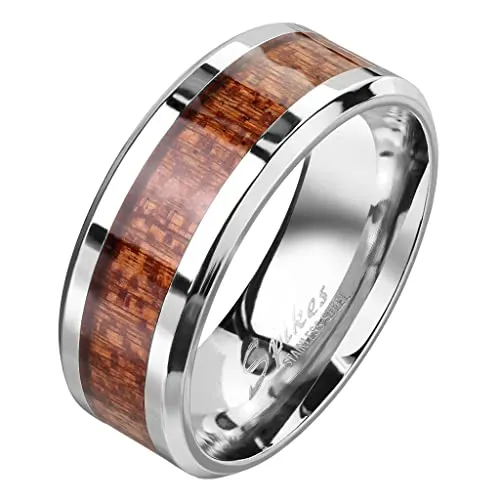 Mianova Band Ring Edelstahl Fingerring Holz Inlay Holzmaserung Herrenring Damenring Partnerring Ehering Damen Herren Größe 59 (18.8) | Silber