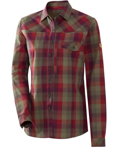 Parforce Bluse Venna Grün/Rot, XS - Stilvolle Jagdbluse aus weichem Baumwollmaterial mit vertikaler Reißverschluss-Brusttasche und feminine Passform für optimalen Tragekomfort.