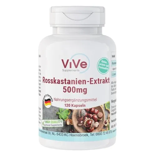 ViVe Supplements Rosskastanien-Extrakt 500mg - 120 Kapseln - Hochdosierter, veganer Pflanzenextrakt für die tägliche Unterstützung. Jede Kapsel liefert 500 mg Rosskastanien-Extrakt, geprüft und ohne Zusatzstoffe. Qualität aus Deutschland.