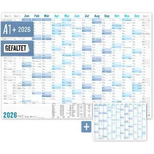Häfft Plakatkalender 10047-2, Blau gefalzt, 2026, Jahresplaner, 15 Monate, 89 x 63cm (A1)