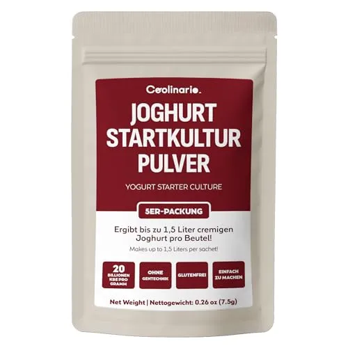 Coolinario Joghurtkulturen (5er-Pack) – Für cremigen, selbstgemachten Joghurt - Einfache Zubereitung von cremigem Joghurt für jeden Geschmack. Ideal für traditionelle und griechische Varianten, ganz ohne Gentechnik und Gluten.