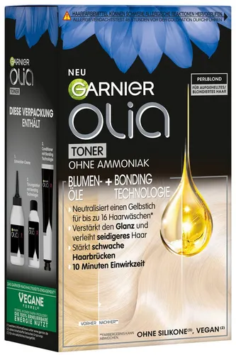 GARNIER Haartönung Garnier Olia Toner Perlblond - Intensivtönung für bis zu 16 Haarwäschen, neutralisiert Gelbstich und sorgt für glänzendes Haar. Die vegane Formel ohne Ammoniak kräftigt das Haar und ist ideal für verschiedene Blondtechniken.