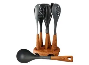 STONELINE Kochbesteck-Set 8-teilig - Kochbesteck-Set mit Holzoptik-Griffen, hitzebeständig bis 180°C, ideal für beschichtete Pfannen und Töpfe, spülmaschinengeeignet für einfache Reinigung.