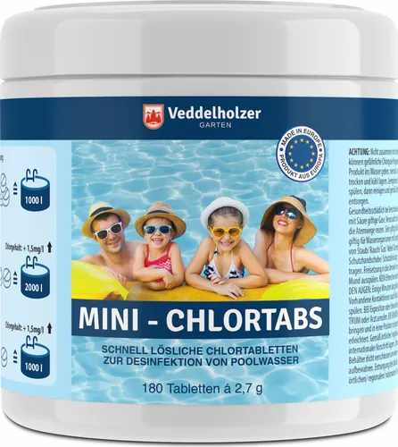 Veddelholzer 180 Mini Chlortabletten. Schnelllösliche Multitabs für Pool, Aufstellpool, Planschbecken, Gartenpool, Kinderpools & Whirlpool Wasserpflege. Pool Zubehör Poolreinigung & Desinfektion