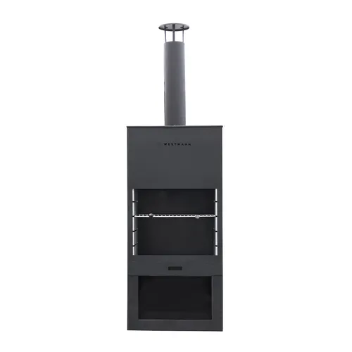 Westmann Grill und Gartenkamin – Terrassenofen in Schwarz - Rustikaler Grillofen aus pulverbeschichtetem Stahl, ideal für Genussgriller, bietet archaisches Grillvergnügen und schafft eine gemütliche Atmosphäre im Freien.