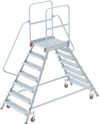 Euroline Mobile Podesttreppe 2x7 Stufen - Zweiseitig Begehbar - Treppen & Geländer - Mobile Podesttreppe aus Aluminium für sicheren Aufstieg und einfache Handhabung mit 4 Lenkrollen und Feststellbremsen.