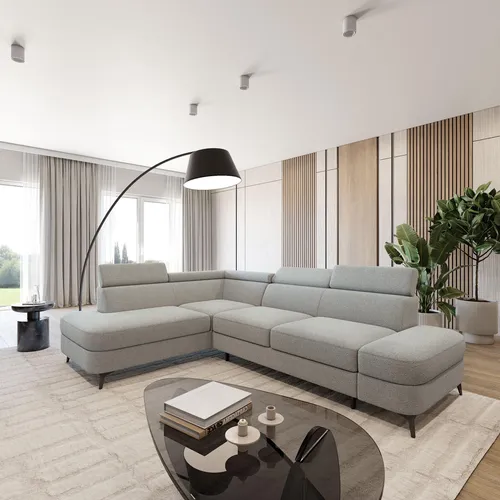 Masseno Ecksofa AVISE Q L-S mit Schlaffunktion – Hellgrau - Elegantes Ecksofa mit Schlaffunktion und praktischem Stauraum für Bettzeug. Ideal für Gästeübernachtungen und stilvolle Wohnräume. Hochwertige Verarbeitung für langanhaltenden Komfort.