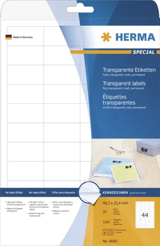Herma 4680 Transparent Etiketten 48.3 x 25.4mm, 1100 Stück - Hochwertige transparente Etiketten, selbstklebend und wetterfest. Ideal für repräsentative Unterlagen und Beschriftungen auf farbigem Untergrund, Glas und Porzellan.