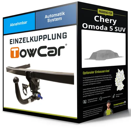 TowCar Anhängerkupplung abnehmbar für CHERY OMODA 5 - Premium Anhängerkupplung mit abnehmbarer Kugelstange, bietet eine Stützlast von 112 kg und eine Anhängelast von bis zu 1600 kg. Ideal für Fahrradträger und schützt vor Korrosion durch Tauchlackierung.