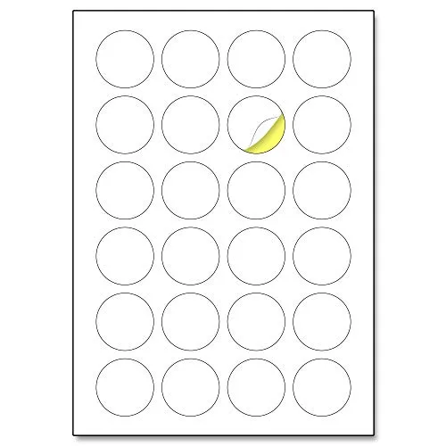 40mm, 25 Blatt, A4 Runde Aufkleber Etiketten Selbstklebend Bedruckbar - 24 Stück pro Blatt