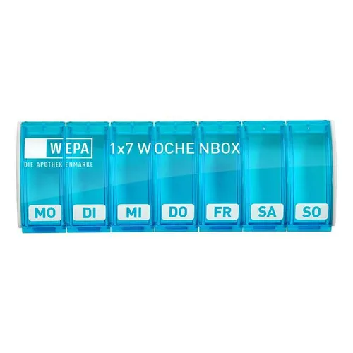 Wepa 1x7 Wochenbox UV-Schutz+ Türkis - Praktische Wochenbox für Medikamente, bietet UV-Schutz und sorgt für eine einfache Medikamentenorganisation. Ideal für die tägliche Einnahme.