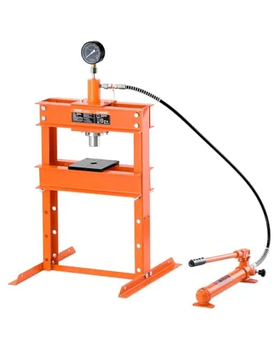 VEVOR hydraulische Werkstattpresse 10 t (H-Rahmen) - Gesenkbiegepressen mit 10 t Tragkraft, ideal für Biegen, Richten und Stanzen von Metallteilen. Einstellbare Höhe und Sicherheitsregelventil für sicheren Betrieb.