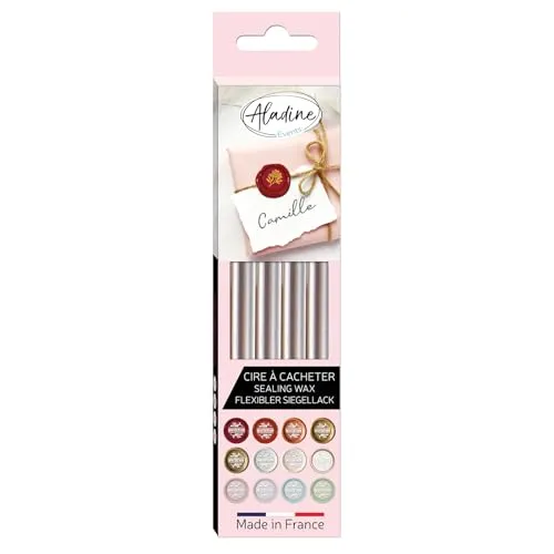 Aladine - Packung mit 4 flexiblen Wachsstiften – zum Kaufen der schönsten Post Ihres Lebens – Siegel für Einladungen zur Hochzeit, Taufe, Geburt – Farbe Silber
