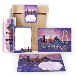 JUNAPACK Einladungskarten Pferd zum 8. Geburtstag Einladungen Karten mit Umschlägen Mitgebsel, Mitbringsel Set Fohlen Gastgeschenke zum achten Geburtstag Pferde