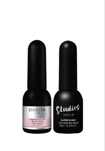 Didier Lab Nagellack SET Fiber Base + Top Super Shiny, Stärkung schwacher Nägel, milky pink