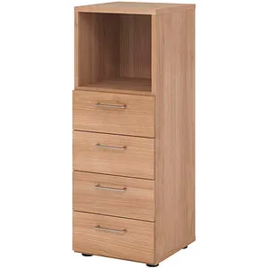 Hammerbacher Regal 3OH mit 4 Schüben - Büroschrank mit elegantem Nussbaum-Design, bietet viel Stauraum und ist ideal für die Organisation im Büro oder Home Office.