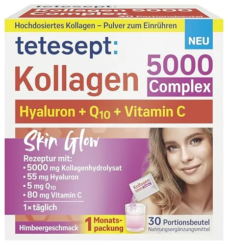 tetesept Kollagen 5000 Complex - Kollagen-Präparate für strahlende Haut: Hochwertiger Beauty-Kollagen-Komplex mit Hyaluronsäure, Q10 & Vitamin C, laktose- und glutenfrei, ideal zur Unterstützung der Haut von innen.