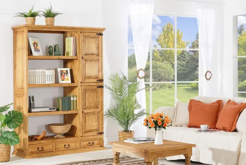 MEXICO Möbel: Massivholz Bücherregal Raumteiler - Elegantes Bücherregal aus massiver Pinie mit 4 Regalfächern. Ideal zur stilvollen Raumtrennung und Aufbewahrung von Büchern oder Dekor. Maße: 145 cm breit, 190 cm hoch, 45 cm tief.