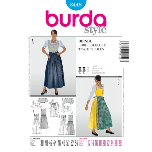 Burda 8448 Dirndl-Kleid Mit Schürze Damen Plus Schnittmuster Größen 12-28