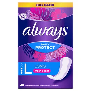 Always Daily Protect Slipeinlagen Damen, Long (48 Binden) - Binden, atmungsaktive Slipeinlagen mit frischem Duft und seitlichen Schutzzonen für optimalen Auslaufschutz, von Dermatologen bestätigt.