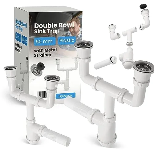 DoppelSiphon 50 mm für Doppelwaschbecken - Siphon für Doppelwaschbecken mit Abflusssieb, verhindert unangenehme Gerüche und schützt vor Wasserrückfluss – ideal für platzsparende Lösungen in Küche und Bad.
