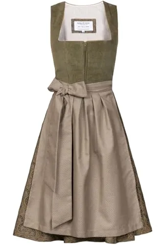 Edelnice Trachtenmode Midi Dirndl Emilia Grün Cord - Elegantes Midi Dirndl in hellem Grün mit traditioneller Schürze. Der florale Jacquardrock und der goldfarbene Antikverschluss machen es zum perfekten Begleiter für festliche Anlässe.